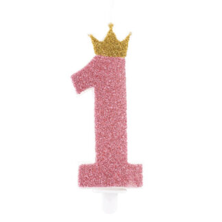 Candelina Numero 1 Rosa Glitter Corona Oro 9.5 Cm