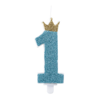 Candelina Numero 1 Azzurro Glitter Corona Oro 9.5 Cm