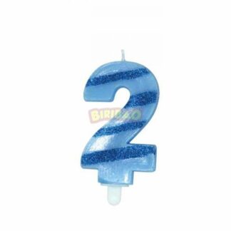 Candelina glitter righe celeste numero 2