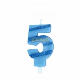 Candelina glitter righe celeste numero 5
