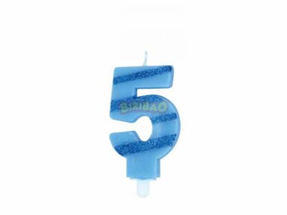 Candelina glitter righe celeste numero 5