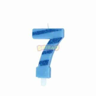 Candelina glitter righe celeste numero 7