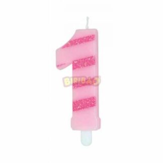 Candelina glitter righe rosa numero 1