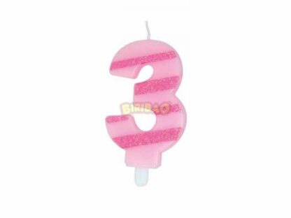 Candelina glitter righe rosa numero 3