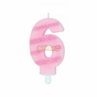 Candelina glitter righe rosa numero 6