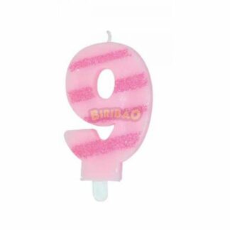 Candelina glitter righe rosa numero 9