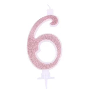 Candelina Glitterata 7 cm Rosa Gold Numero 6