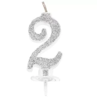 Candelina Glitterata 12 cm Argento Numero 2