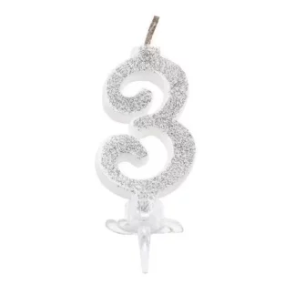 Candelina Glitterata 12 cm Argento Numero 3