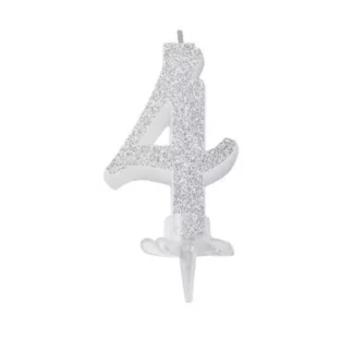 Candelina Glitterata 12 cm Argento Numero 4