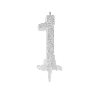 Candelina Glitterata 12 cm Argento Numero 1