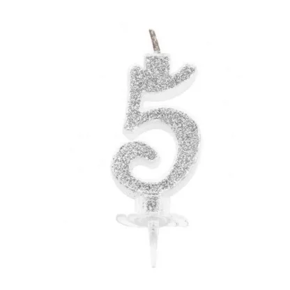 Candelina Glitterata 12 cm Argento Numero 5