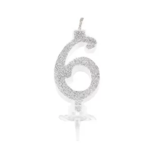 Candelina Glitterata 12 cm Argento Numero 6