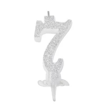 Candelina Glitterata 12 cm Argento Numero 7