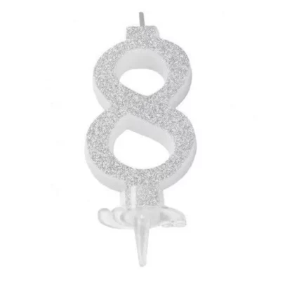 Candelina Glitterata 12 cm Argento Numero 8